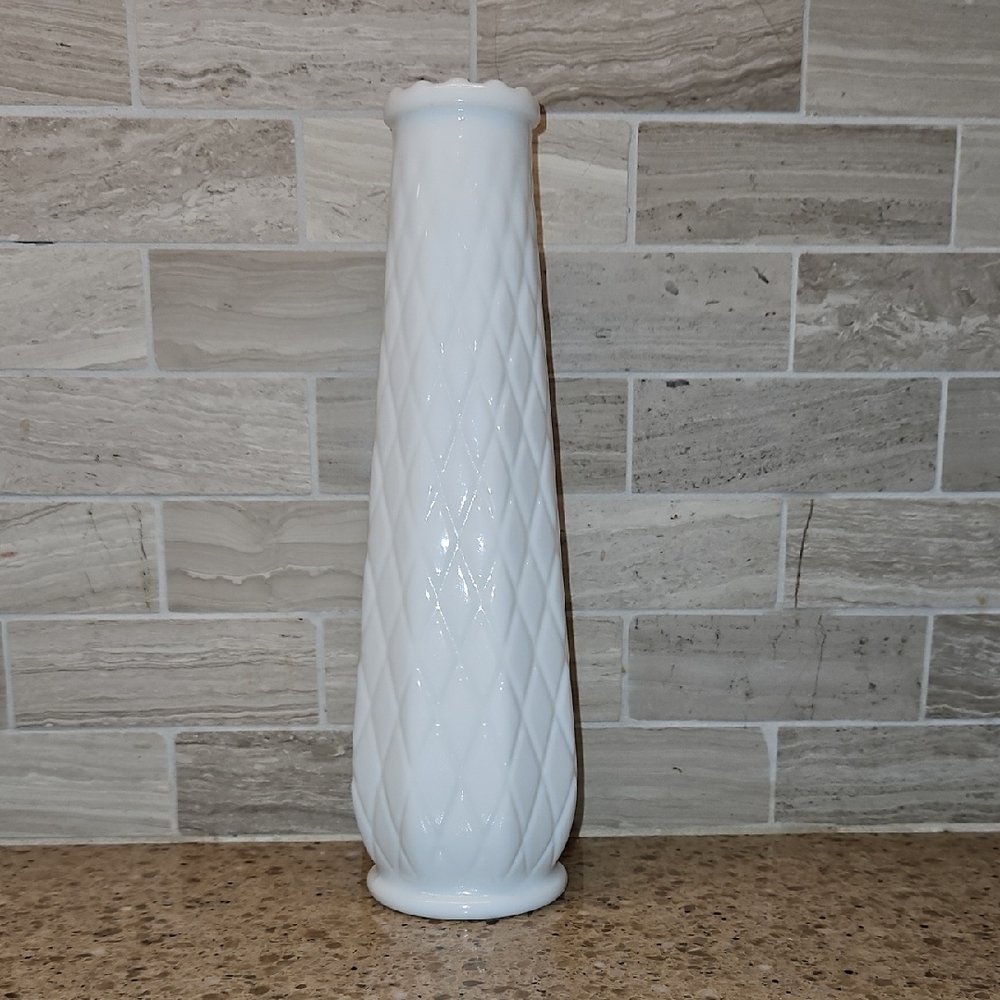 E C Brody Flower Bud Vase Diamond Quilted Milk Glass Vintage